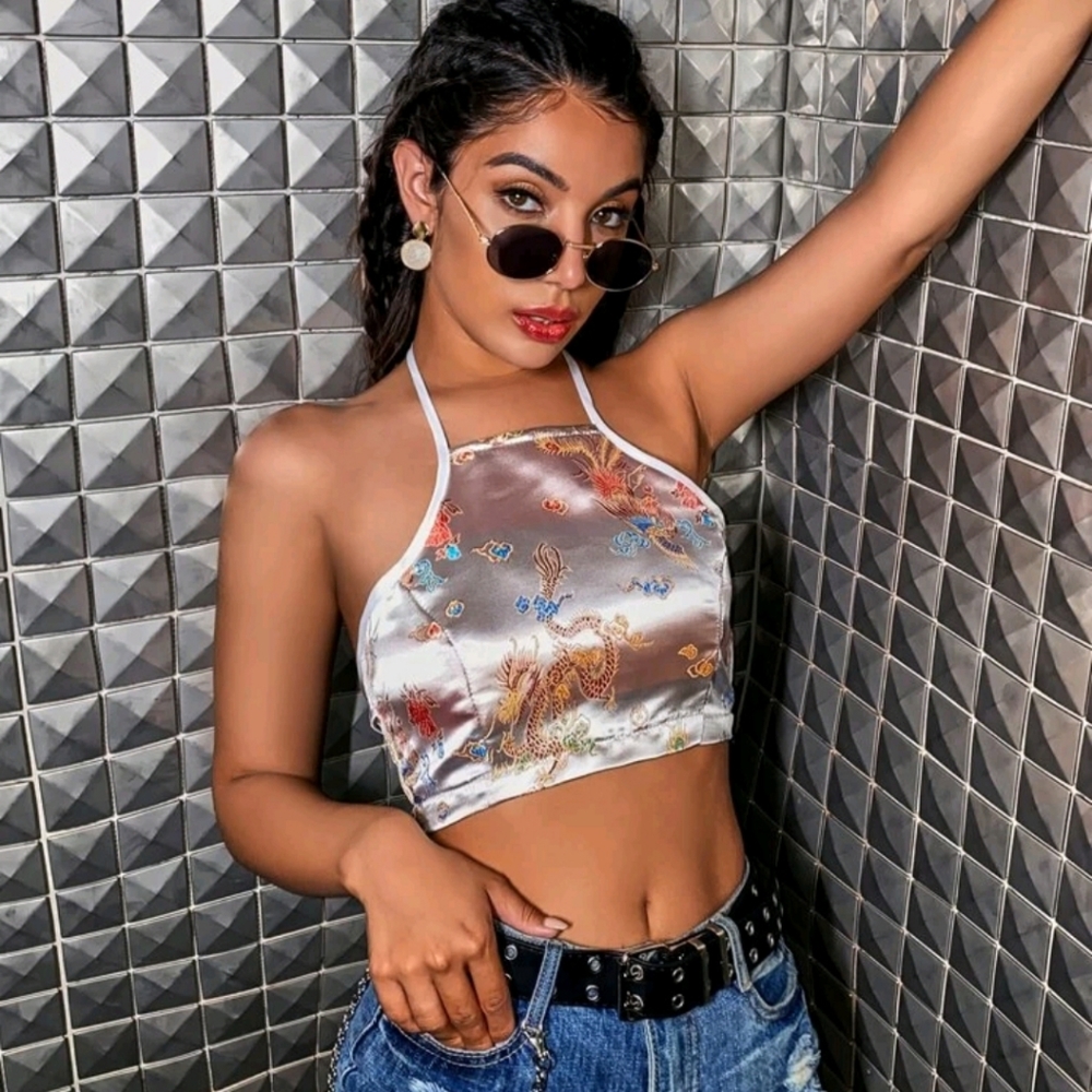 Sexy Asian Oriental Floral Halter Top